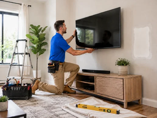 A completed home repair with the workspace cleared and swept