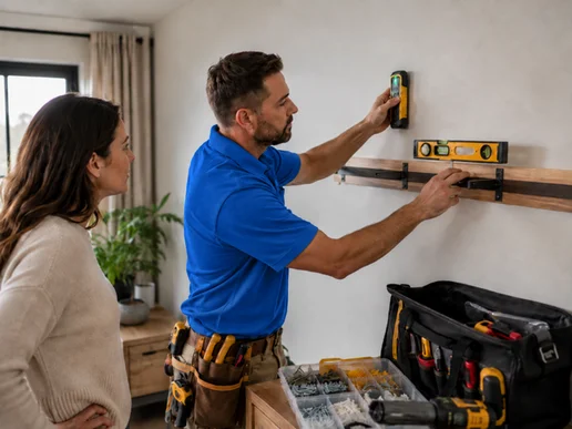 A handyman checking a finished repair before packing up
