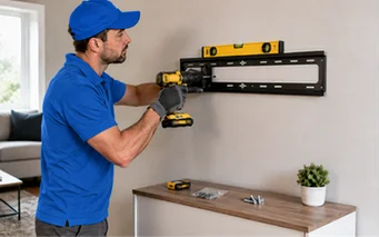 Flat-screen television mounted flush to a living room wall