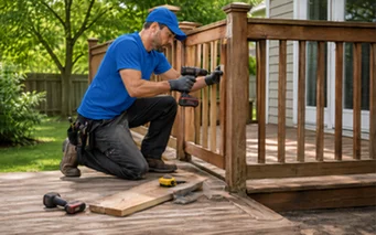 Rebuilt deck boards and repaired railing on a back garden deck